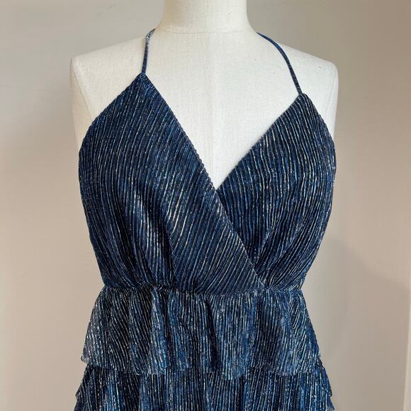 Lulus Glowing Gorgeous Blue Multi Metallic Tiered Mini Dress Size Small - Picture 4 of 13